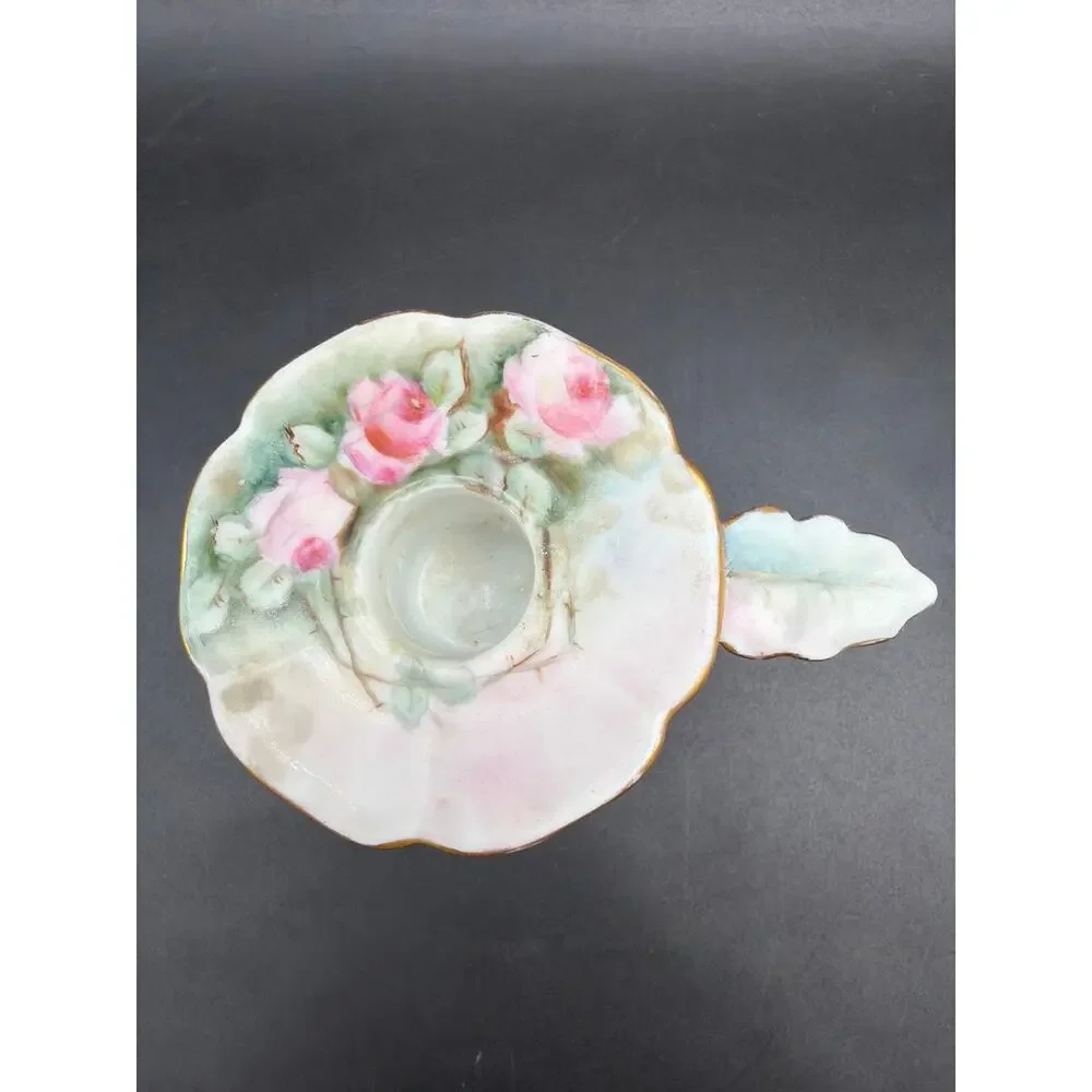 Antique PH Leonard Vienna Austria Porcelain Chamberstick Pink Roses Gold Gilt